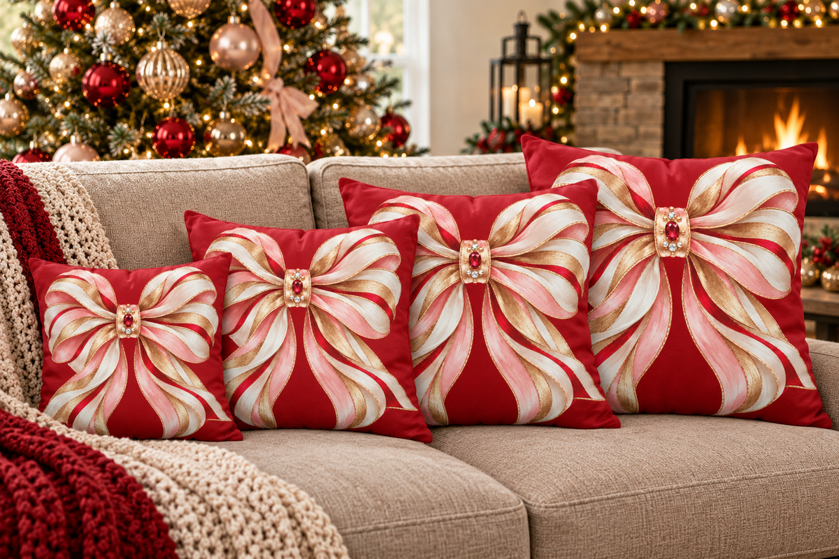 Red and Pink Ribbon Bow Faux Suede Square Pillow Cover