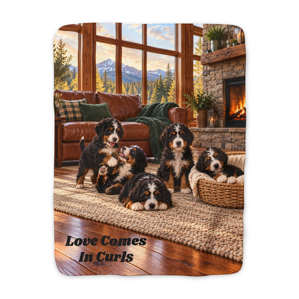 Personalize This Blanket - BERNEDOODLE PUPPIES,  Love Comes in Curls - Deluxe Sherpa Fleece Throw Blanket