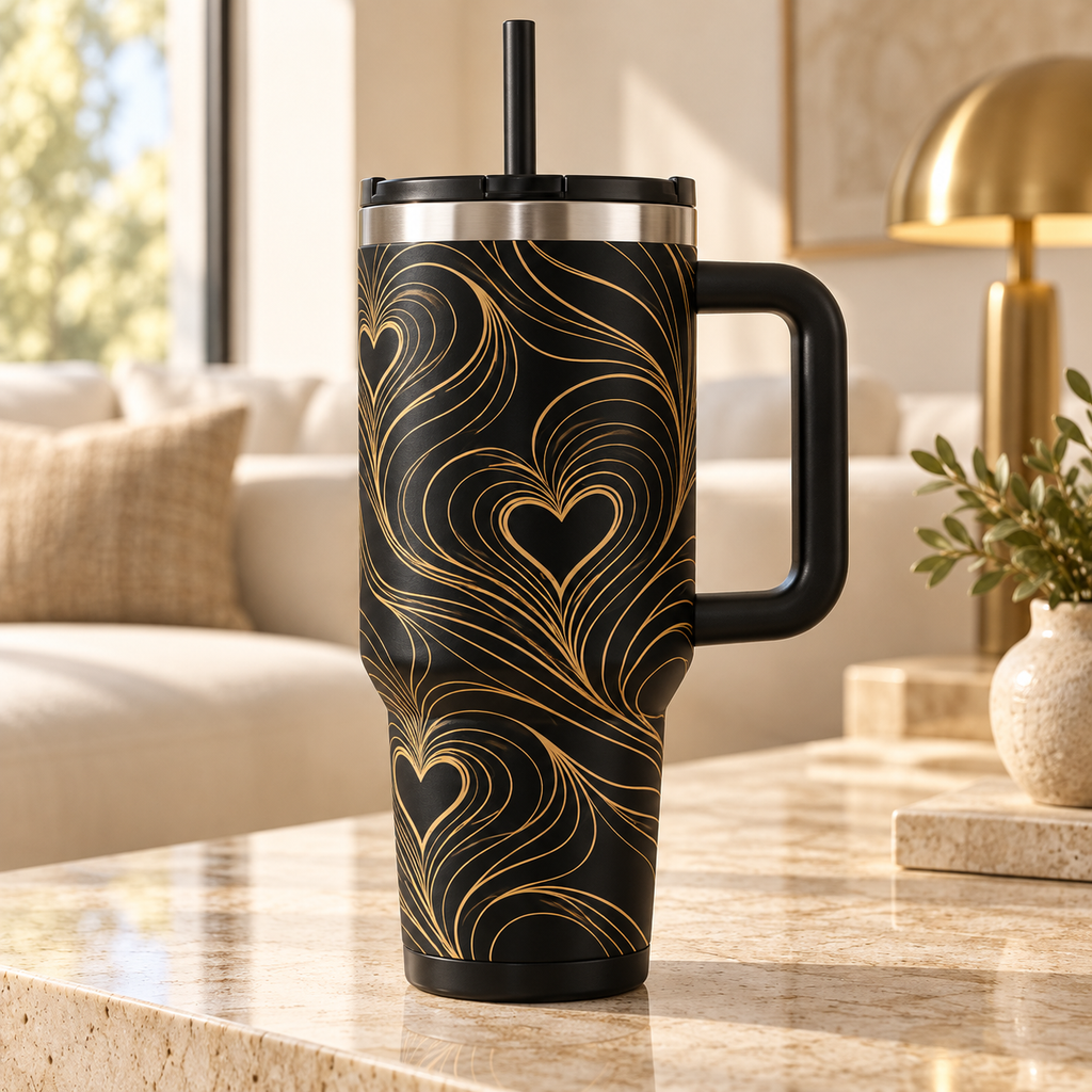 Echoing Hearts Black Champagne Gold - 40oz Tumbler with Handle and Straw (Made in USA)