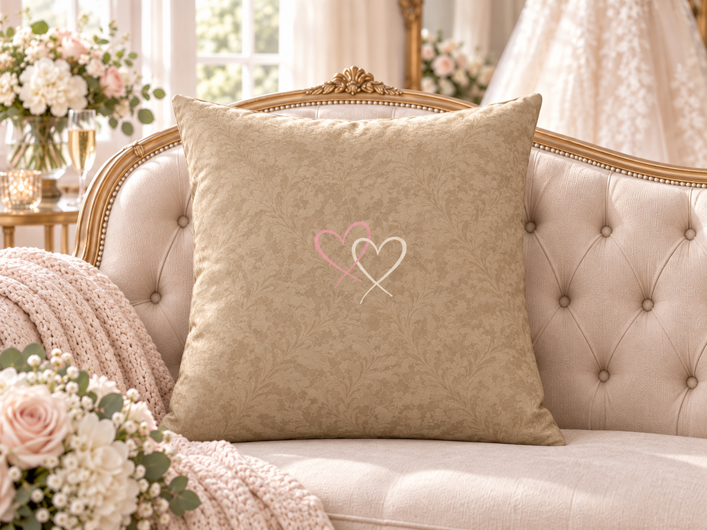 Two Hearts Taupe Tone-on-Tone - Premium Throw Pillow