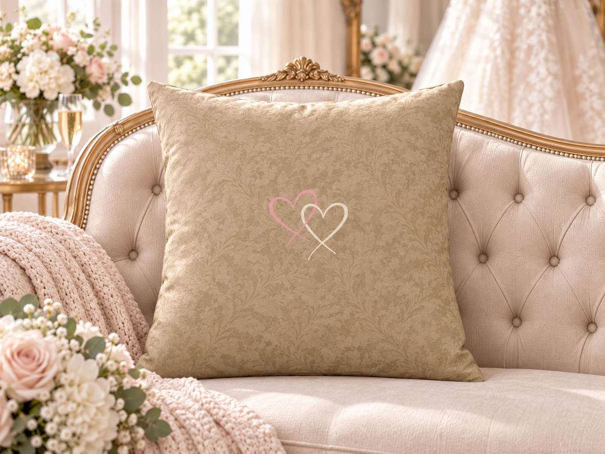 Two Hearts Taupe Tone-on-Tone - Premium Throw Pillow