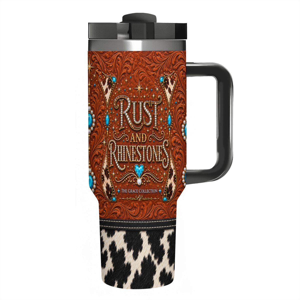 Rust and Rhinestones black and white cowhide - 40oz Tumbler with Handle and Straw (Made in USA)