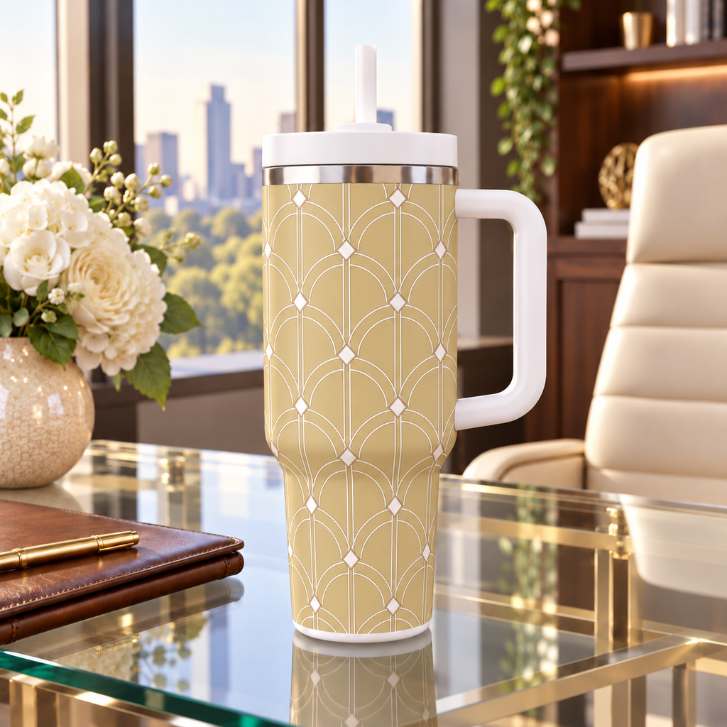 Gold and white Grand Hotel Arches - 40oz Tumbler with Handle and Straw (Made in USA)