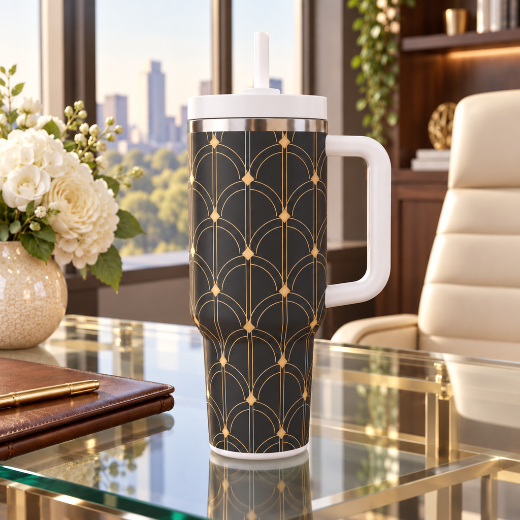Black and gold Grand Hotel Arches - 40oz Tumbler with Handle and Straw (Made in USA)