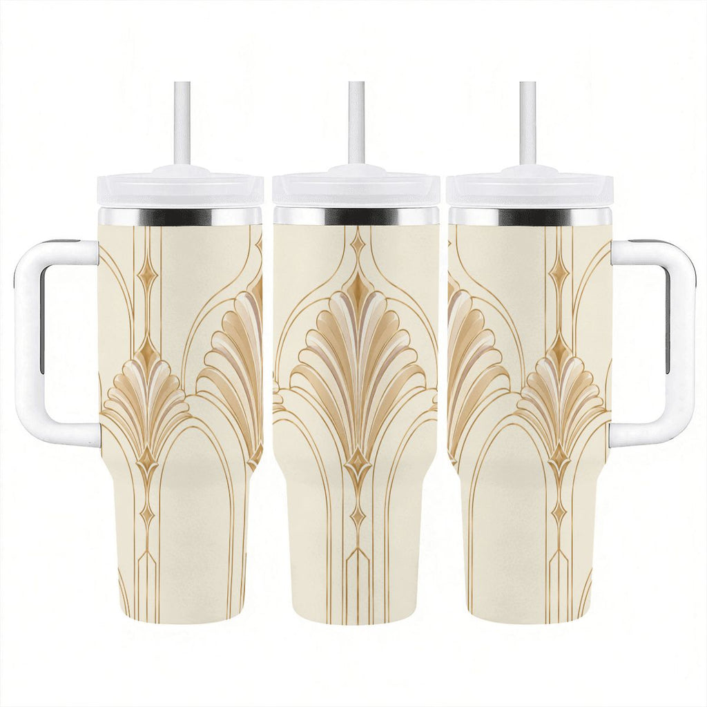 Art Deco Ivory Gold - 40oz Tumbler with Handle and Straw (Made in USA)