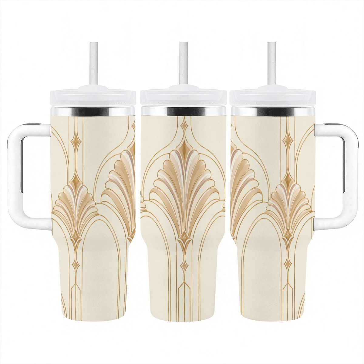 Art Deco Ivory Gold - 40oz Tumbler with Handle and Straw (Made in USA)