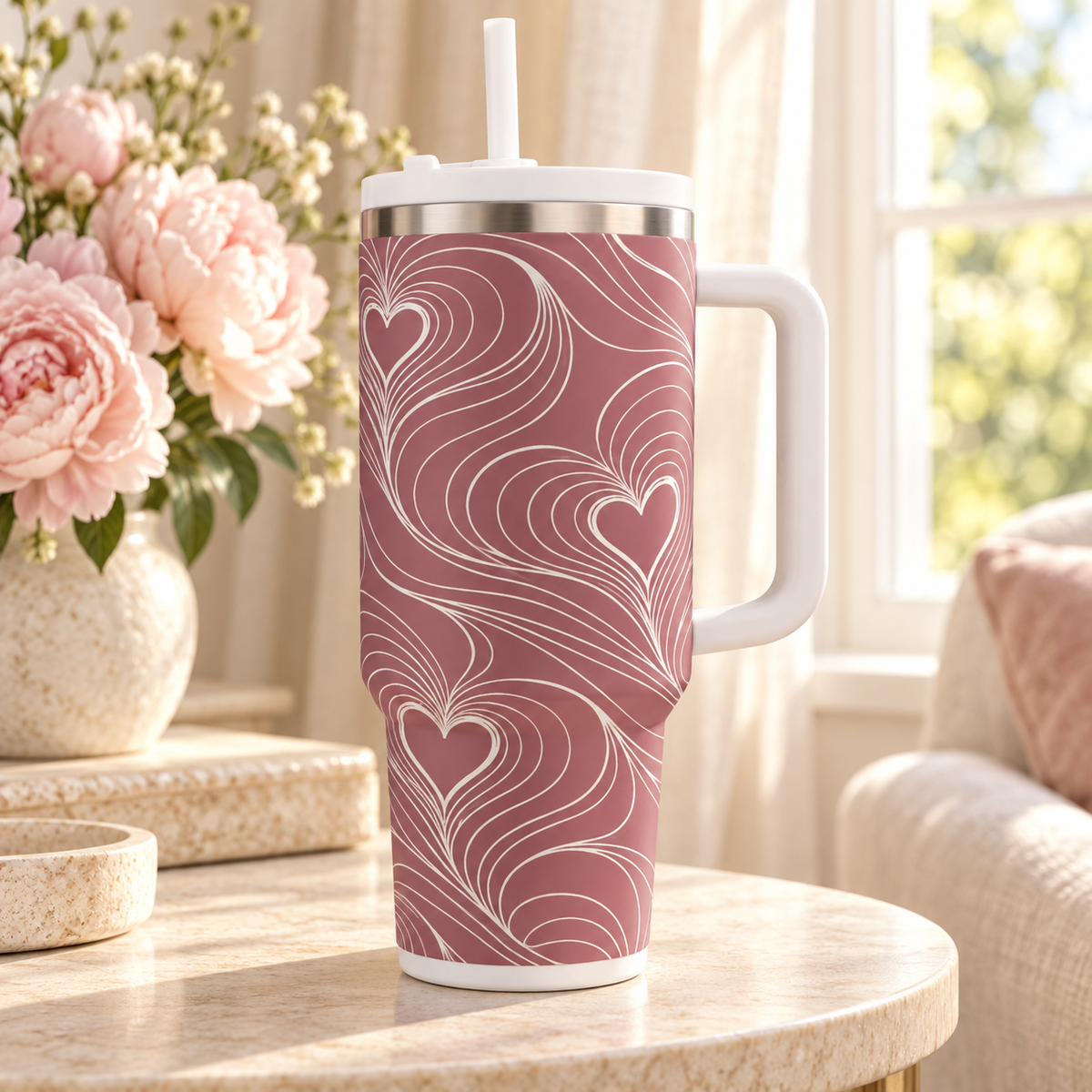 Echoing Hearts Dusty Rose with White - 40oz Tumbler with Handle and Straw (Made in USA)