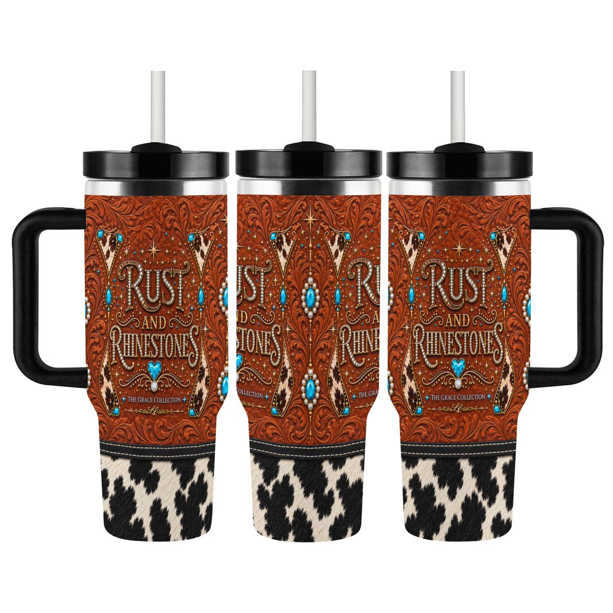 Rust and Rhinestones black and white cowhide - 40oz Tumbler with Handle and Straw (Made in USA)