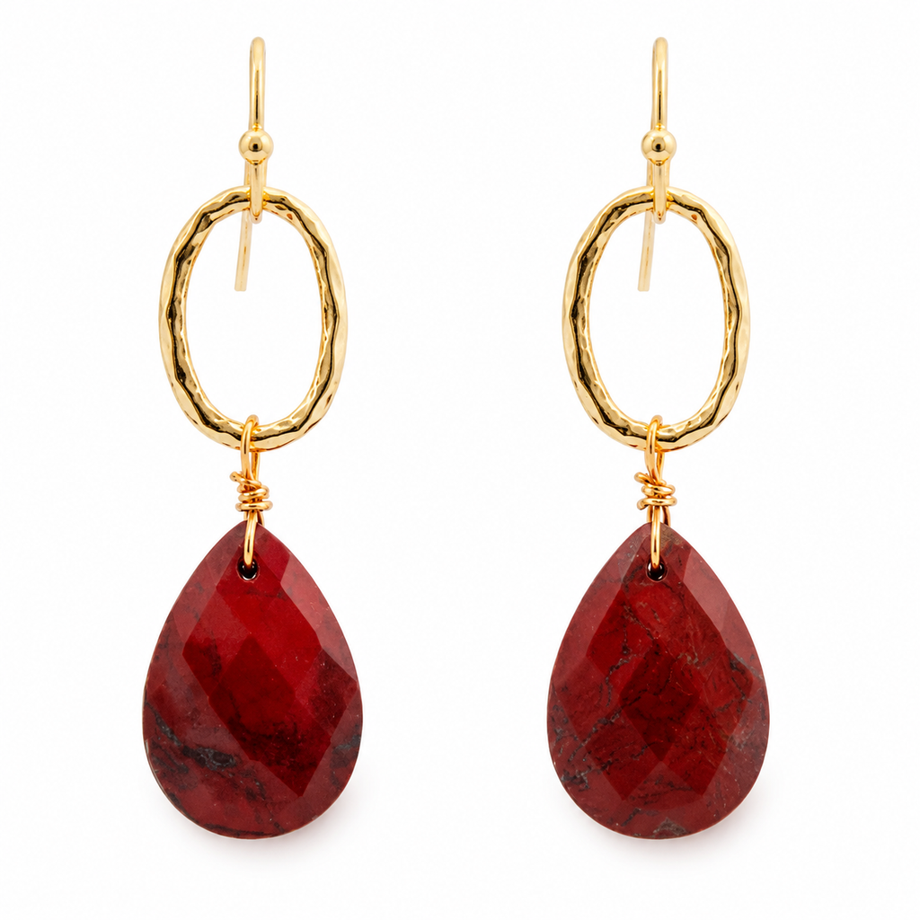 Red Jasper Teardrop Golden Drop Earrings