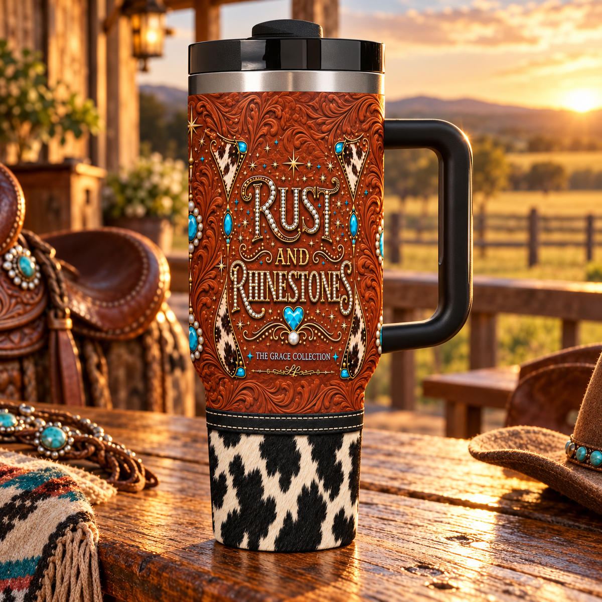 Rust and Rhinestones black and white cowhide - 40oz Tumbler with Handle and Straw (Made in USA)