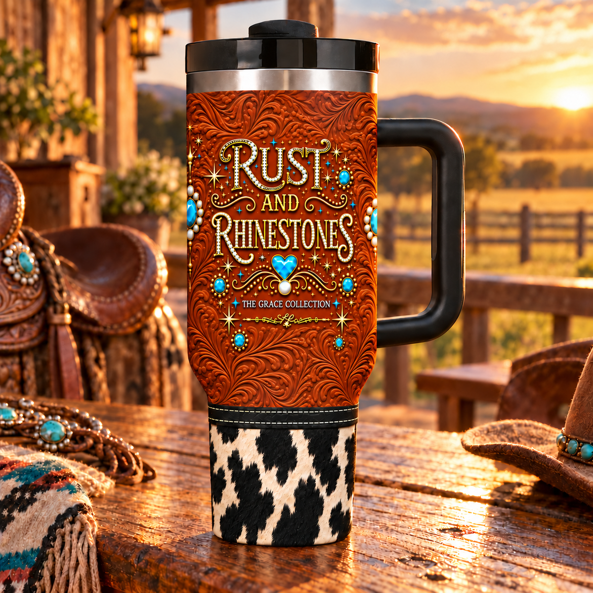 Rust and Rhinestones black and white cowhide - 40oz Tumbler with Handle and Straw (Made in USA)