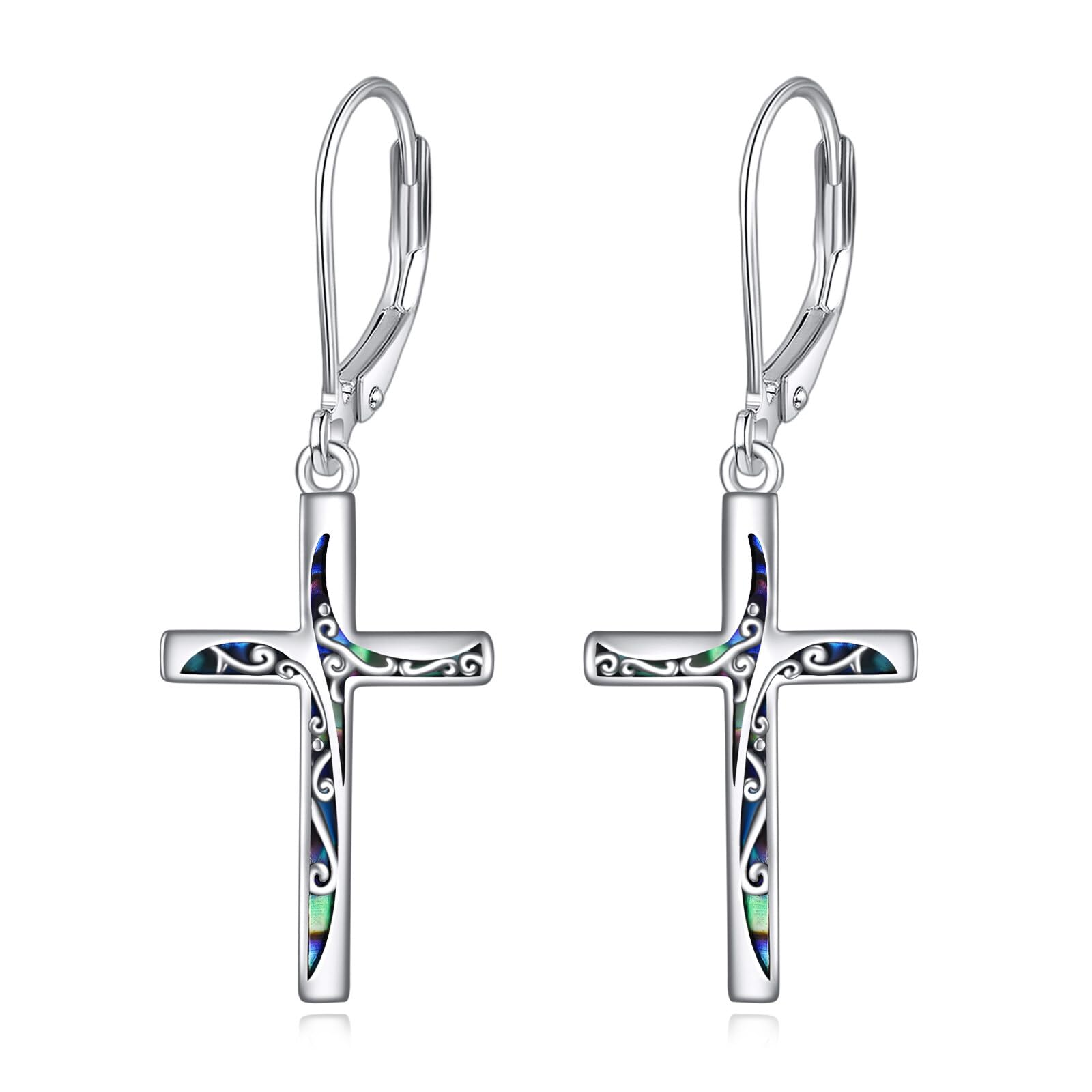 Iridescent Silver Grace Cross Drop Earrings