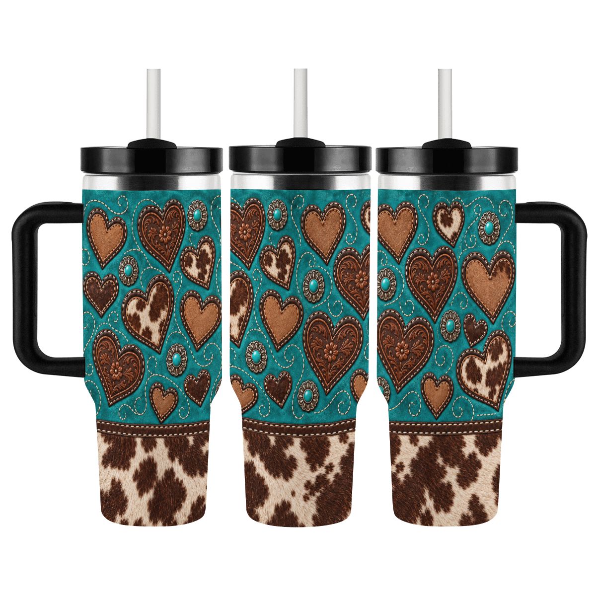 Turquoise Suede Cowhide Hearts  - 40oz Tumbler with Handle and Straw (Made in USA)