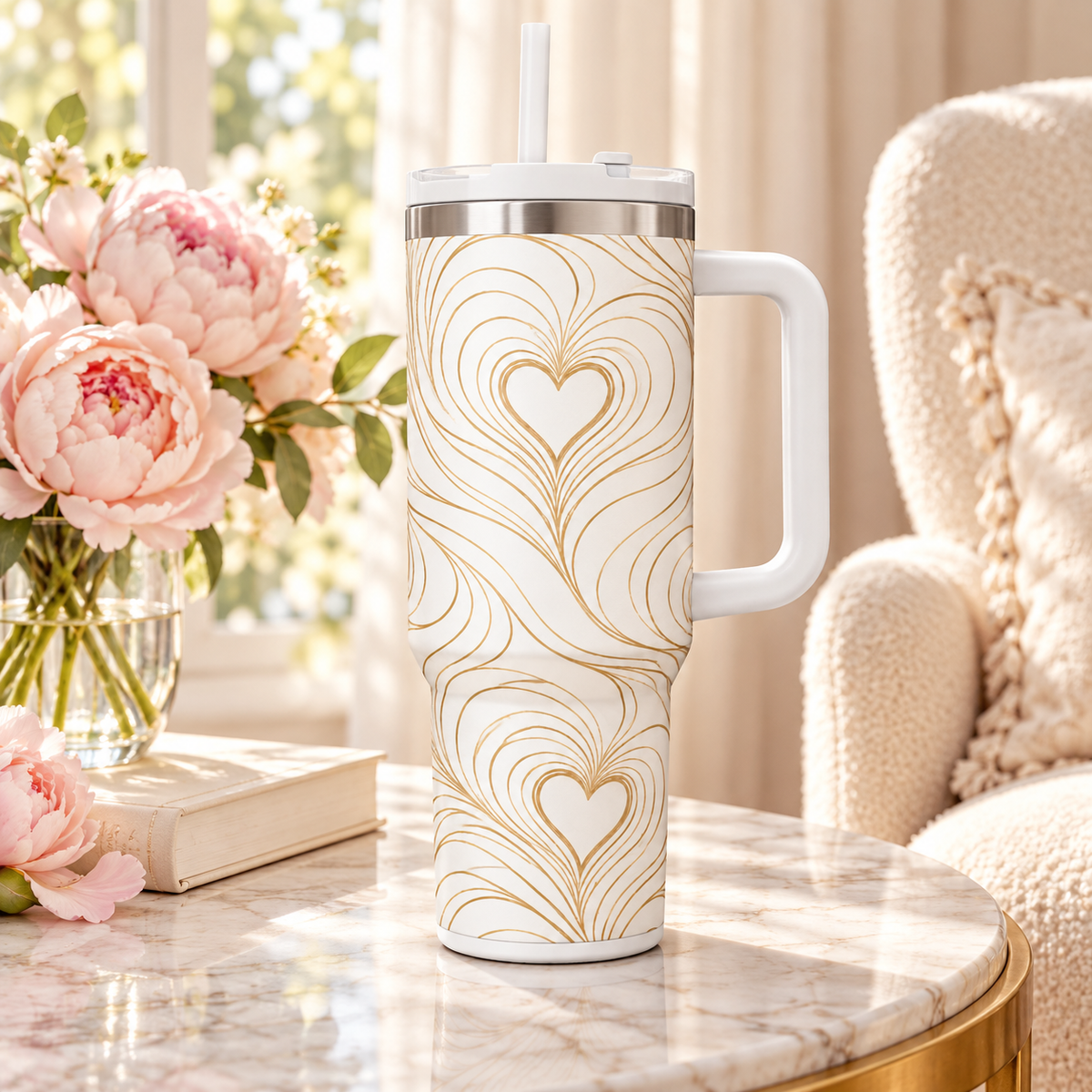 Echoing Hearts Gold Champagne White - 40oz Tumbler with Handle and Straw (Made in USA)