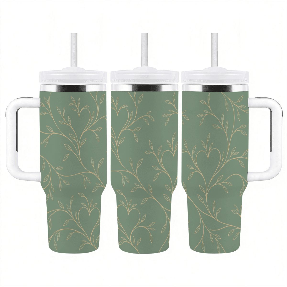 Echoing Hearts Sage Botanical Champagne - 40oz Tumbler with Handle and Straw (Made in USA)