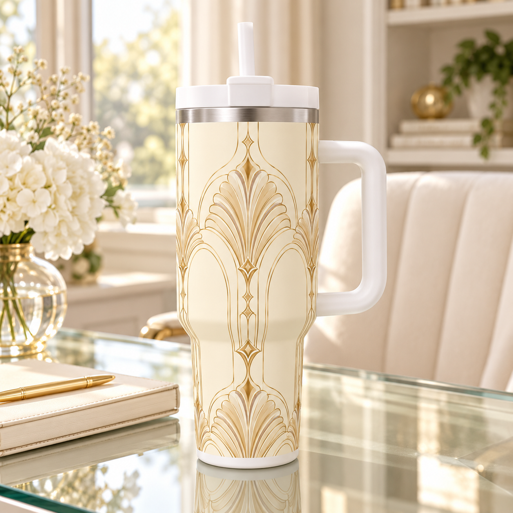 Art Deco Ivory Gold - 40oz Tumbler with Handle and Straw (Made in USA)