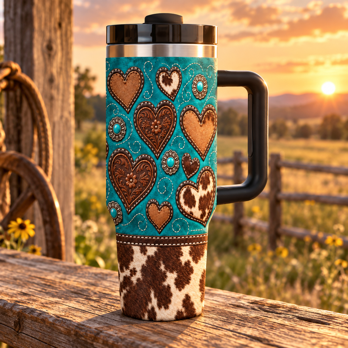 Turquoise Suede Cowhide Hearts  - 40oz Tumbler with Handle and Straw (Made in USA)
