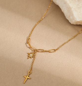 Celestial Grace Gold Necklace - Star & Cross Drop Chain