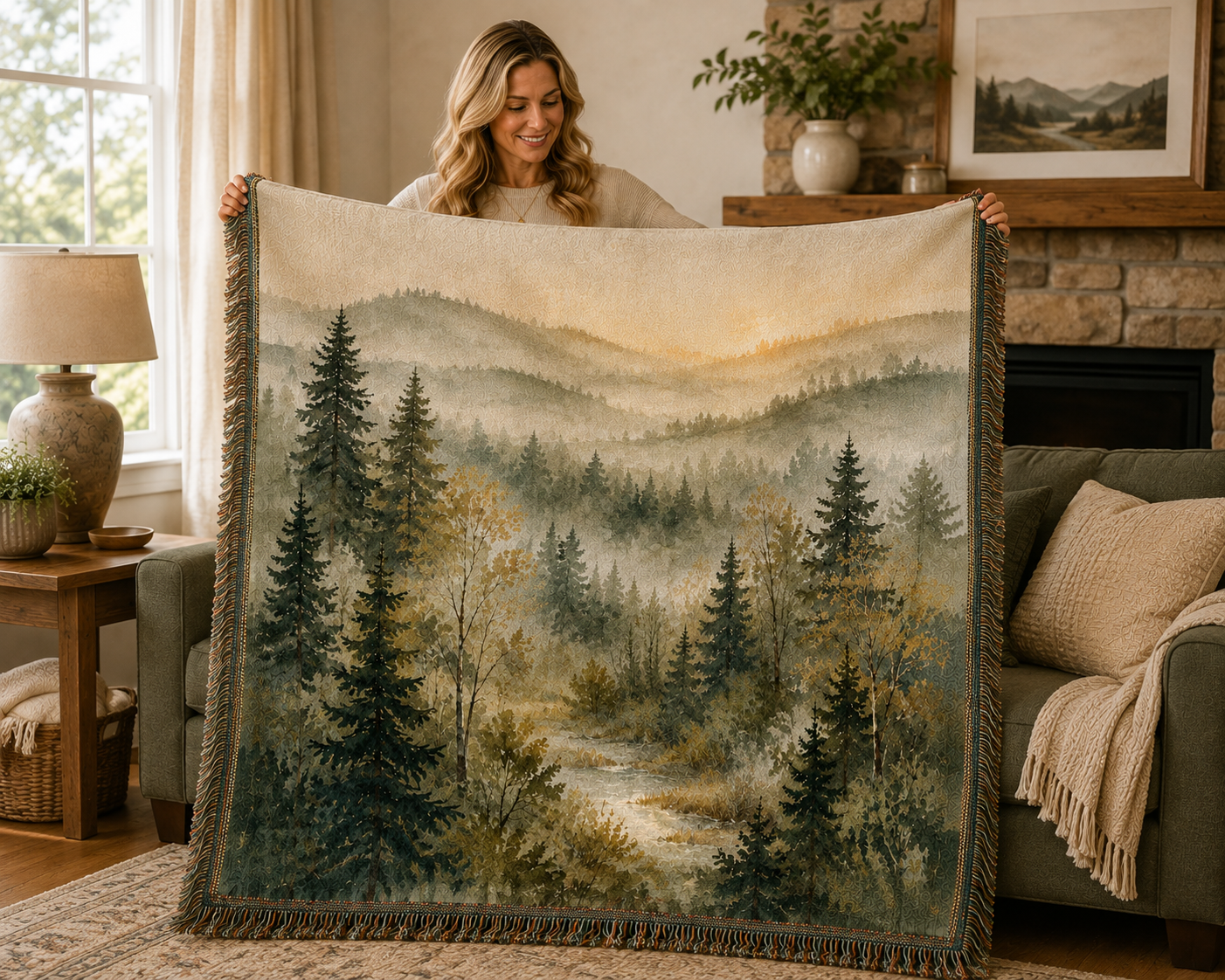 Soft Woodland Forest -Woven Blanket Tapestry Throw 54" x 60"