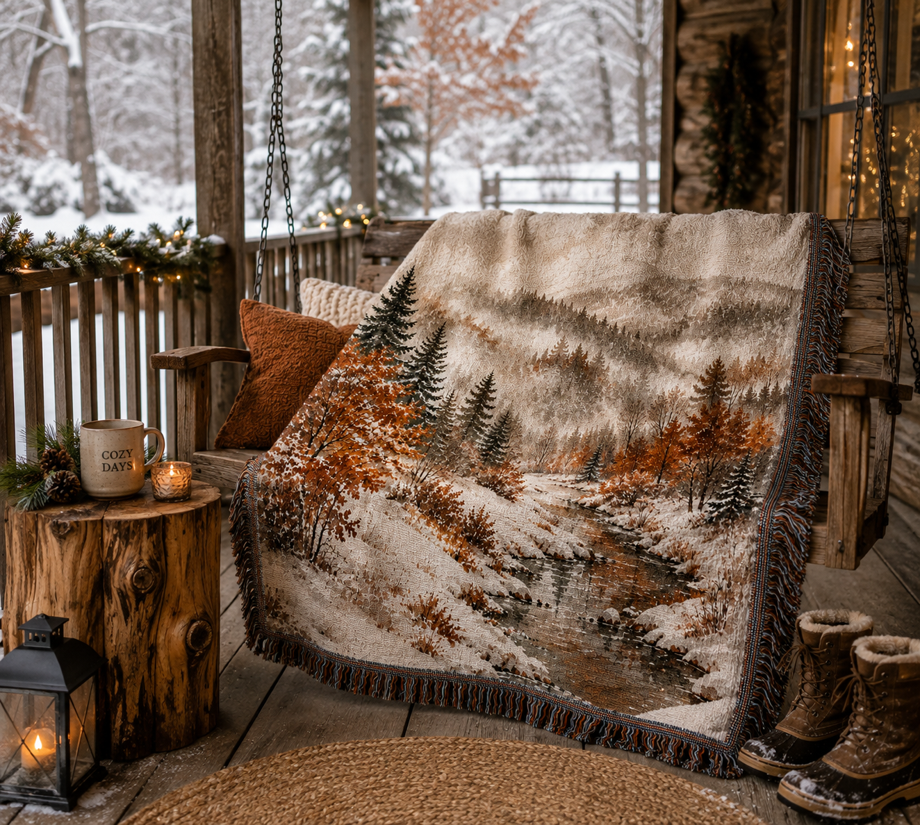Rust White Woodland - Woven Blanket Tapestry Throw 54" x 60"