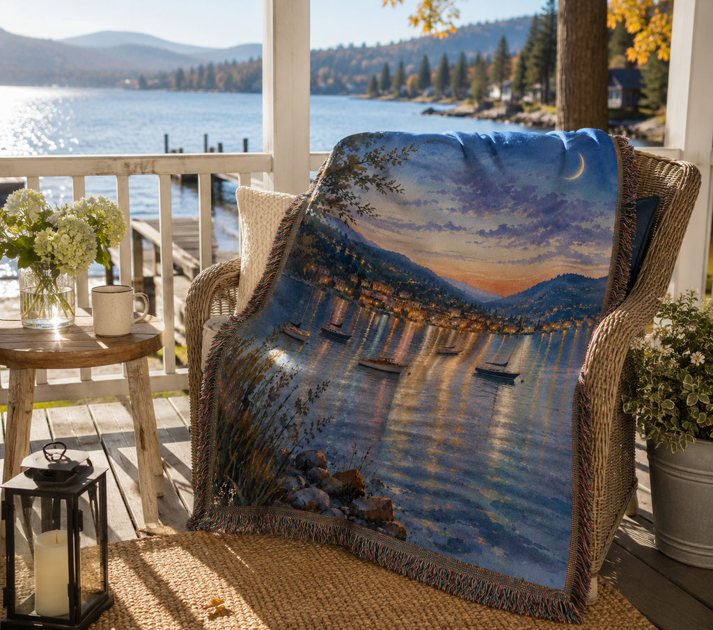 Moonlit Lake Bay Boats - Woven Blanket Tapestry Throw 54" x 60"