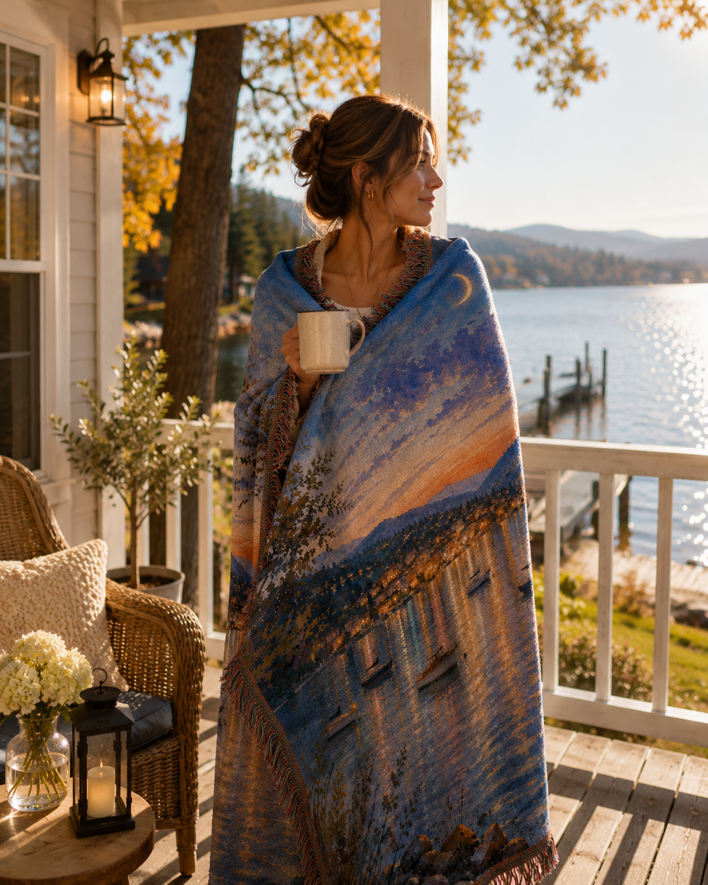 Moonlit Lake Bay Boats - Woven Blanket Tapestry Throw 54" x 60"