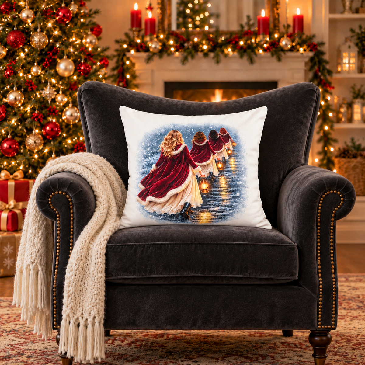 Women in Red Cloaks - velvet throw pillow