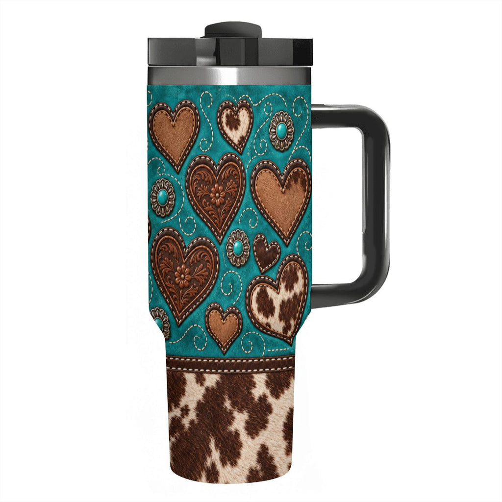 Turquoise Suede Cowhide Hearts  - 40oz Tumbler with Handle and Straw (Made in USA)