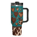 Turquoise Suede Cowhide Hearts  - 40oz Tumbler with Handle and Straw (Made in USA)