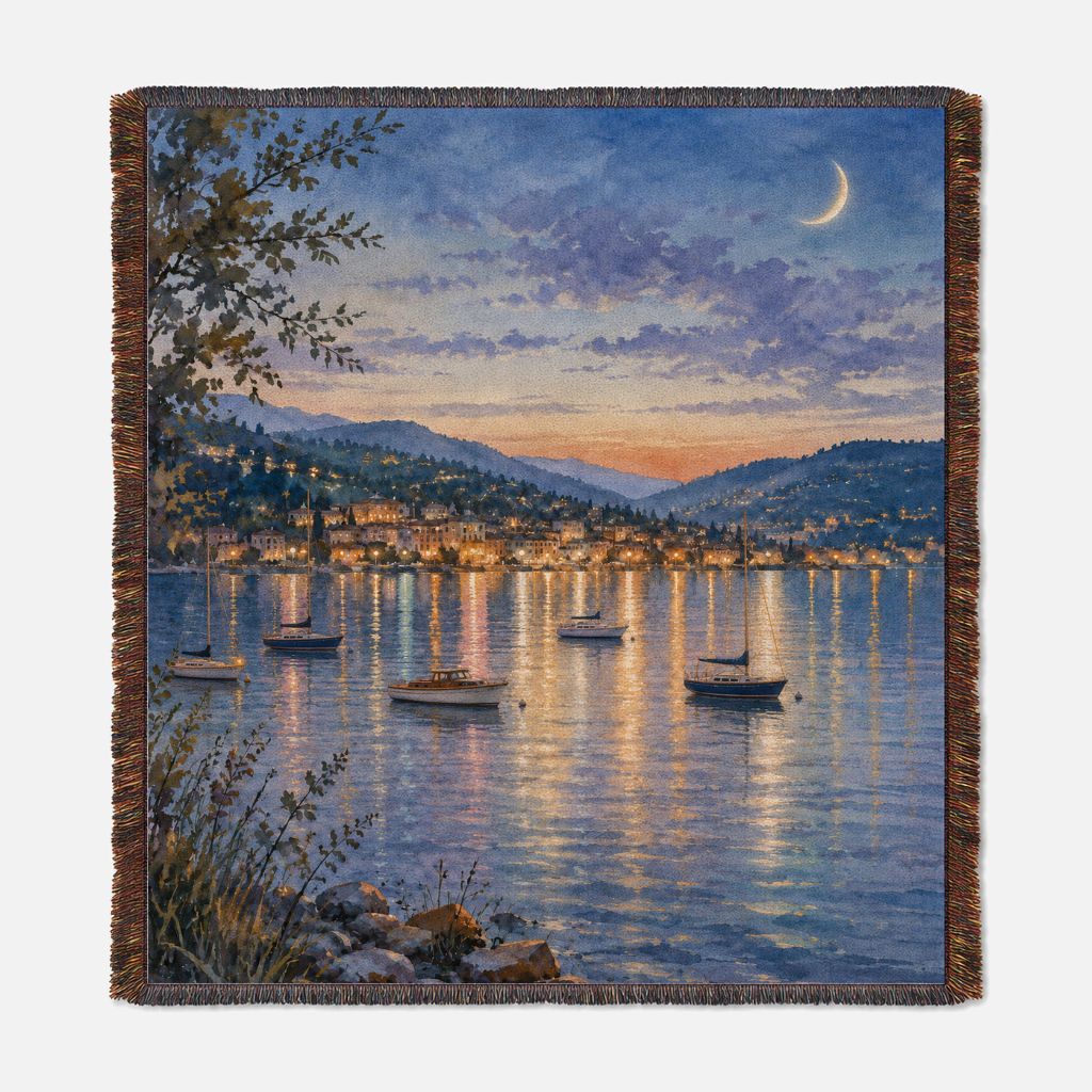 Moonlit Lake Bay Boats - Woven Blanket Tapestry Throw 54" x 60"