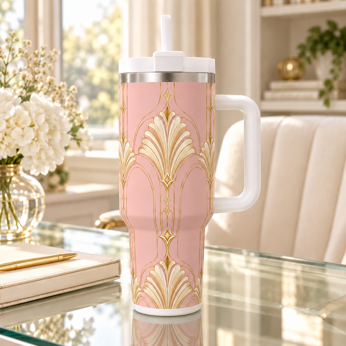 Art Deco Dusty Rose - 40oz Tumbler with Handle and Straw (Made in USA)
