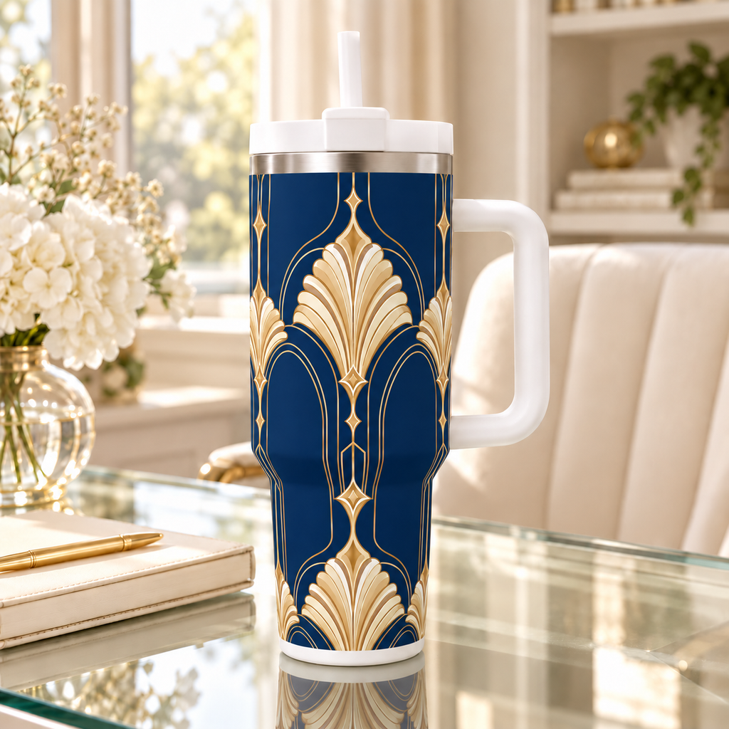 Art Deco Midnight Navy - 40oz Tumbler with Handle and Straw (Made in USA)