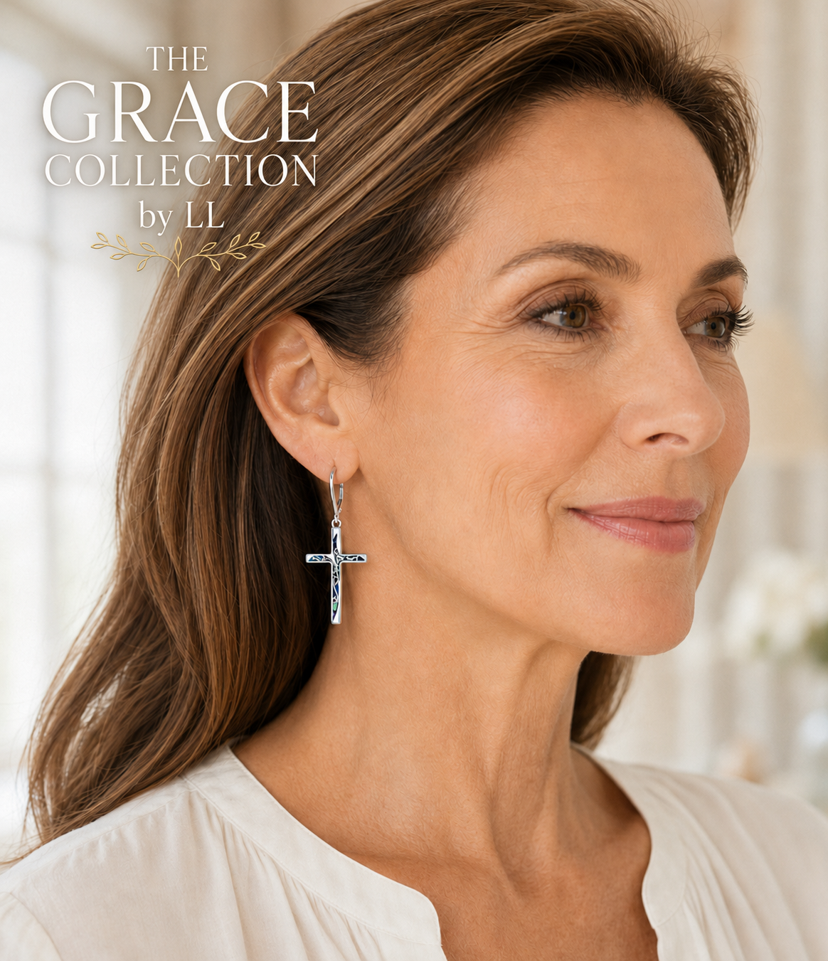 Iridescent Silver Grace Cross Drop Earrings