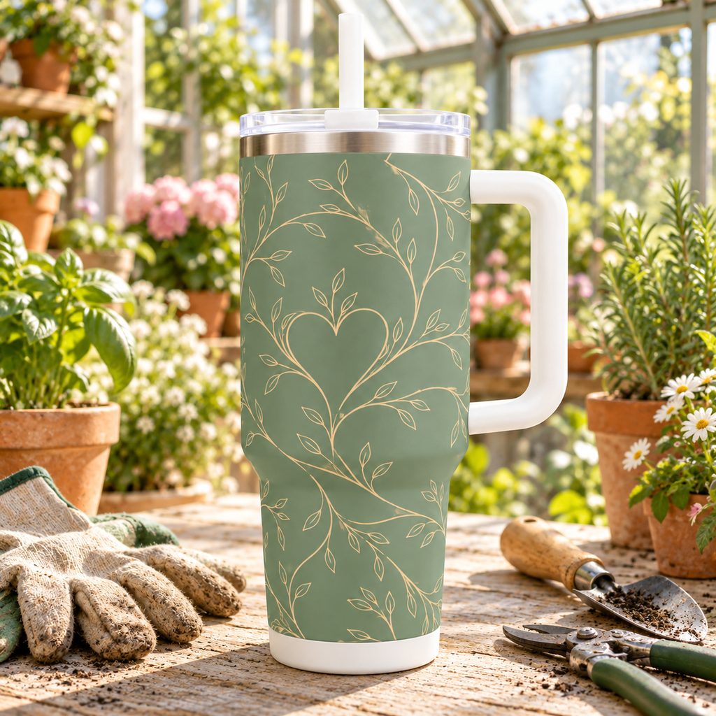 Echoing Hearts Sage Botanical Champagne - 40oz Tumbler with Handle and Straw (Made in USA)